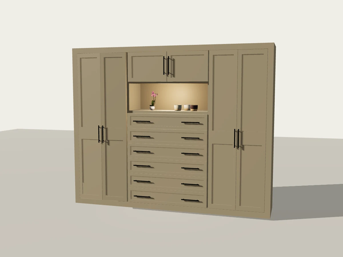Cream fitted wardrobe with six doors, central drawers and display shelving